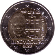 Монета 2 евро. 2023 год, Люксембург. 175 лет Палате депутатов и Первой Конституции. Монета 2 евро. 2023 год, Люксембург. 175 лет Палате депутатов и Первой Конституции.