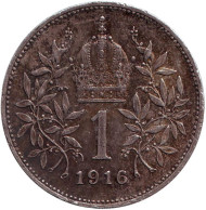 Монета 1 крона. 1916 год, Австро-Венгерская империя. Австрийский тип. Монета 1 крона. 1916 год, Австро-Венгерская империя. Австрийский тип.