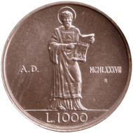 Монета 1000 лир. 1987 год, Сан-Марино. 15 лет с момента возобновления чеканки. Монета 1000 лир. 1987 год, Сан-Марино. 15 лет с момента возобновления чеканки.