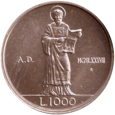 Монета 1000 лир. 1987 год, Сан-Марино. 15 лет с момента возобновления чеканки.