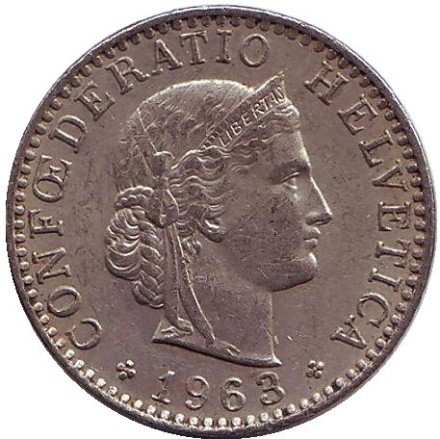 Монета 20 раппенов. 1963 год, Швейцария.
