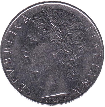 Монета 100 лир. 1983 год, Италия. Богиня мудрости Минерва рядом с оливковым деревом. Монета 100 лир. 1983 год, Италия. Богиня мудрости Минерва рядом с оливковым деревом.