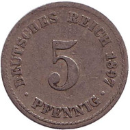 Монета 5 пфеннигов. 1897 год (A), Германская империя. Монета 5 пфеннигов. 1897 год (A), Германская империя.