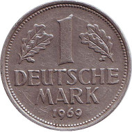 Монета 1 марка. 1969 год (D), ФРГ. Монета 1 марка. 1969 год (D), ФРГ.