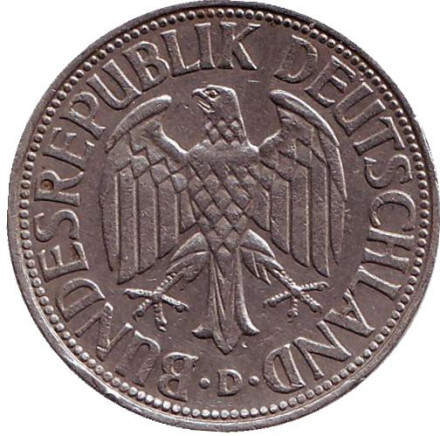 Монета 1 марка. 1969 год (D), ФРГ. Монета 1 марка. 1969 год (D), ФРГ.