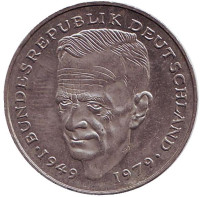 Курт Шумахер. Монета 2 марки. 1992 год (J), ФРГ. Из обращения.