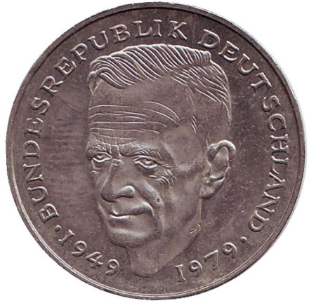 Монета 2 марки. 1992 год (J), ФРГ. Из обращения. Курт Шумахер.