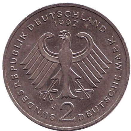 Монета 2 марки. 1992 год (J), ФРГ. Курт Шумахер.