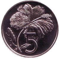 Гибискус. Монета 5 центов. 1975 год, Острова Кука. (Отметка монетного двора: "FM").