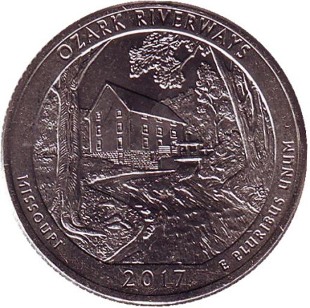 Монета 25 центов (D). 2017 год, США. Национальные водные пути Озарк. Парк № 38.