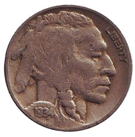 Монета 5 центов. 1934 год (D), США. Бизон. Индеец.