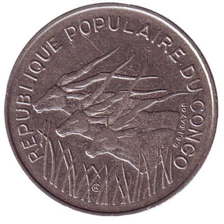 Монета 100 франков. 1975 год, Конго. Африканские антилопы. (Западные канны).