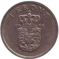 Монета 1 крона. 1962 год, Дания. Монета 1 крона. 1962 год, Дания.