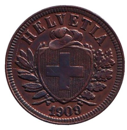 Монета 2 раппена. 1909 год, Швейцария. aUNC. Монета 2 раппена. 1909 год, Швейцария. aUNC.