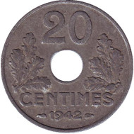 Монета 20 сантимов. 1942 год, Франция.