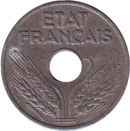 Монета 20 сантимов. 1942 год, Франция.