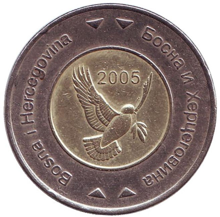 Монета 5 конвертируемых марок. 2005 год, Босния и Герцеговина. Голубь.