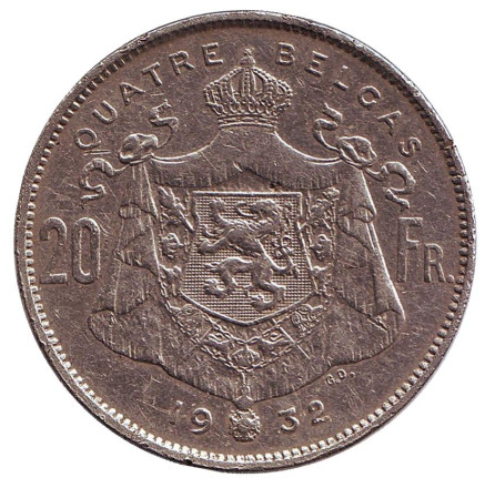 Монета 20 франков. 1932 год, Бельгия. (Des Belges) Король Альберт I.