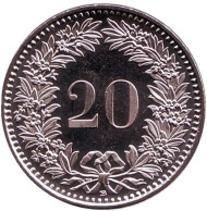 Монета 20 раппенов. 2015 год, Швейцария. UNC. Монета 20 раппенов. 2015 год, Швейцария. UNC.