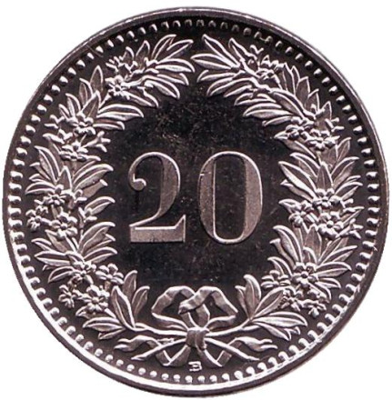 Монета 20 раппенов. 2015 год, Швейцария. UNC.