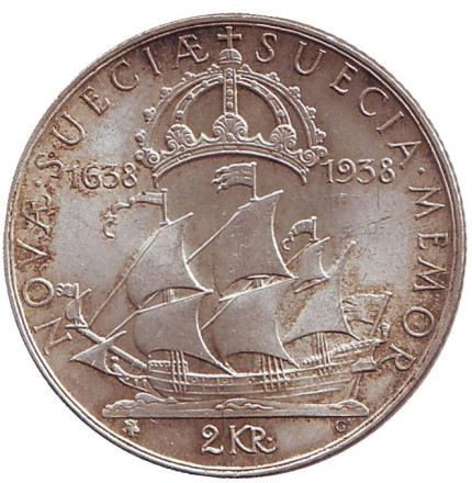 Монета 2 кроны. 1938 год, Швеция. 300-летний юбилей с момента основания посёлка Делавэр.
