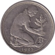 Монета 50 пфеннигов. 1993 год (G), ФРГ. Женщина, сажающая дуб. Монета 50 пфеннигов. 1993 год (G), ФРГ. Женщина, сажающая дуб.