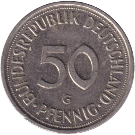 Монета 50 пфеннигов. 1993 год (G), ФРГ. Женщина, сажающая дуб. Монета 50 пфеннигов. 1993 год (G), ФРГ. Женщина, сажающая дуб.