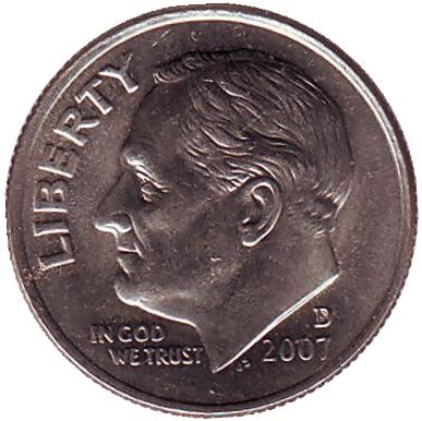 Монета 10 центов. 2007 (D) год, США. Рузвельт.