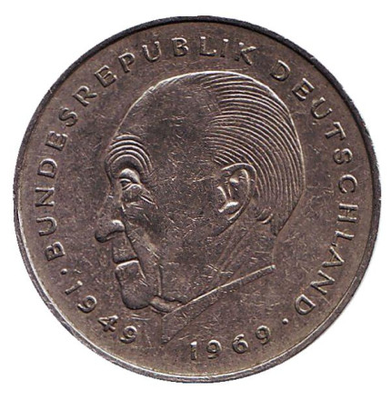 Монета 2 марки. 1980 год (D), ФРГ. Из обращения. Конрад Аденауэр.