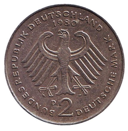 Монета 2 марки. 1980 год (D), ФРГ. Конрад Аденауэр. Монета 2 марки. 1980 год (D), ФРГ. Конрад Аденауэр.