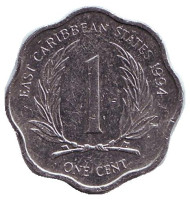 Монета 1 цент. 1994 год, Восточно-Карибские государства.