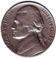 Монета 5 центов. 1959 год, США. Джефферсон. Монтичелло. Монета 5 центов. 1959 год, США. Джефферсон. Монтичелло.