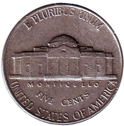 Монета 5 центов. 1959 год, США. Джефферсон. Монтичелло. Монета 5 центов. 1959 год, США. Джефферсон. Монтичелло.