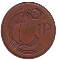 Монета 1 пенни. 1975 год, Ирландия. Птица. Ирландская арфа. Монета 1 пенни. 1975 год, Ирландия. Птица. Ирландская арфа.
