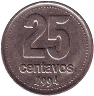 Монета 25 сентаво. 1994 год, Аргентина. (Толстый шрифт). Ратуша Буэнос-Айреса. Монета 25 сентаво. 1994 год, Аргентина. (Толстый шрифт). Ратуша Буэнос-Айреса.