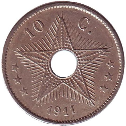 Монета 10 сантимов. 1910 год, Бельгийское Конго.