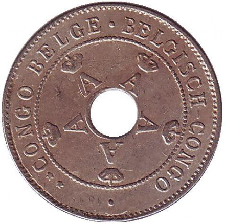 Монета 10 сантимов. 1910 год, Бельгийское Конго.