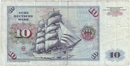 Банкнота 10 марок. 1980 год, ФРГ. Портрет молодого человека. Барк "Горх Фох".