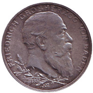 Монета 2 марки. 1902 год, Германская империя. Баден. 50 лет правлению Фридриха I. Монета 2 марки. 1902 год, Германская империя. Баден. 50 лет правлению Фридриха I.