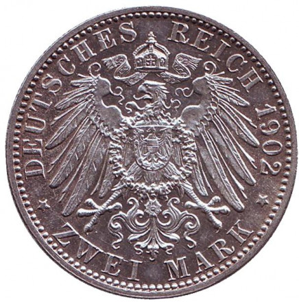 Монета 2 марки. 1902 год, Германская империя. Баден. 50 лет правлению Фридриха I.