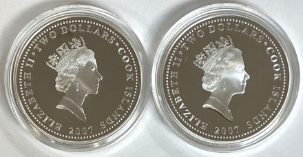 60 лет автомату Калашникова. Набор из 2-х монет номиналом 2 доллара в подарочной упаковке. 2007 год, Острова Кука.