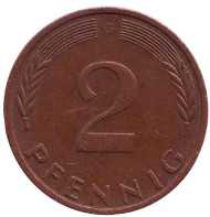 Монета 2 пфеннига. 1971 год (G), ФРГ. Дубовые листья. Монета 2 пфеннига. 1971 год (G), ФРГ. Дубовые листья.