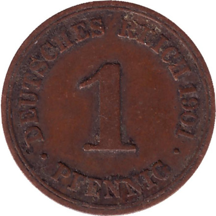 Монета 1 пфенниг. 1901 год (F), Германская империя.