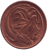 Монета 2 цента. 1983 год, Австралия. Плащеносная ящерица. Монета 2 цента. 1983 год, Австралия. Плащеносная ящерица.