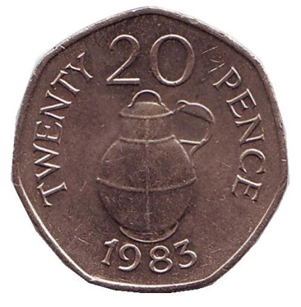 Монета 20 пенсов. 1983 год, Гернси. Бидон для молока.