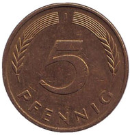 Монета 5 пфеннигов. 1990 год (J), ФРГ. Дубовые листья. Монета 5 пфеннигов. 1990 год (J), ФРГ. Дубовые листья.