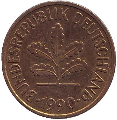 Монета 5 пфеннигов. 1990 год (J), ФРГ. Дубовые листья.