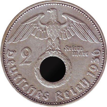 Монета 2 рейхсмарки. 1936 год, Германия (Третий Рейх). (D). Монета 2 рейхсмарки. 1936 год, Германия (Третий Рейх). (D).