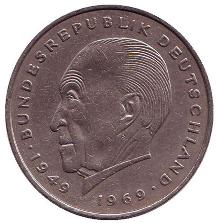 Монета 2 марки. 1971 год (J), ФРГ. Конрад Аденауэр.