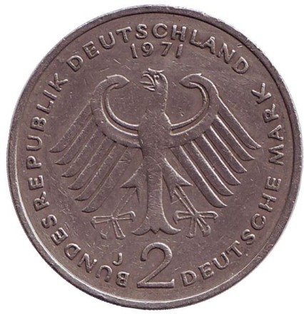 Монета 2 марки. 1971 год (J), ФРГ. Конрад Аденауэр. Монета 2 марки. 1971 год (J), ФРГ. Конрад Аденауэр.